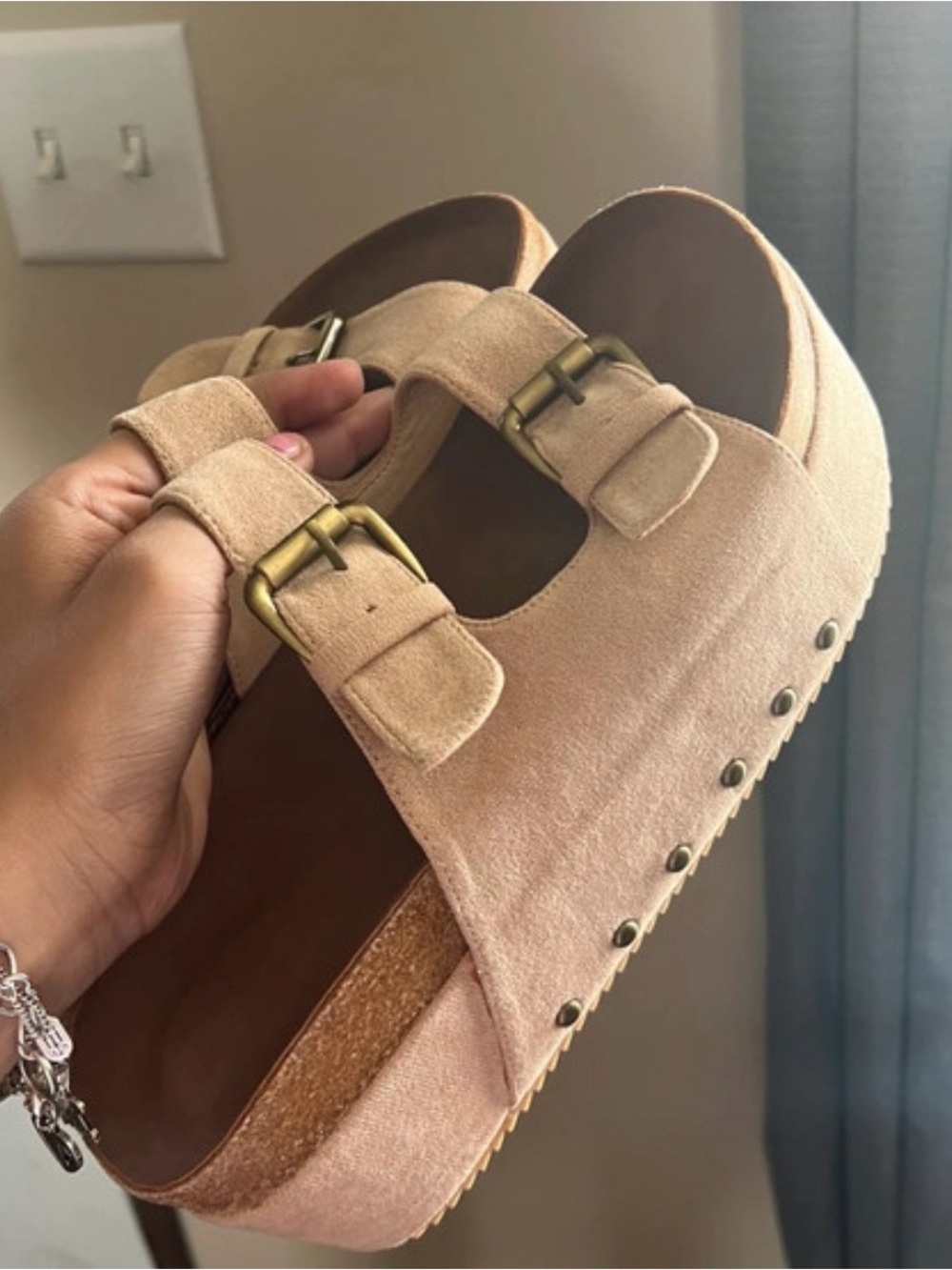 Women's Suede Double-Buckle Clog Mule - Beige